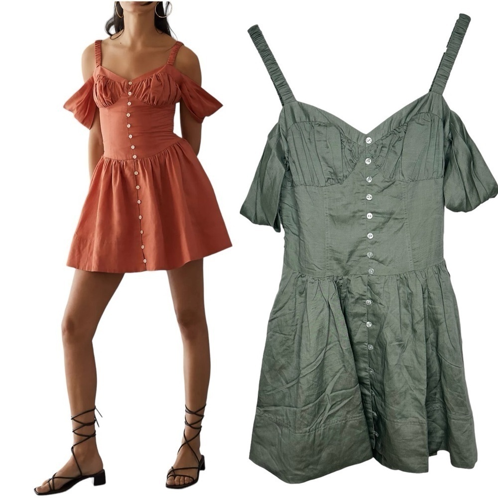 Anthropologie Off-The-Shoulder Linen Mini Dress In Green Size Small NWT